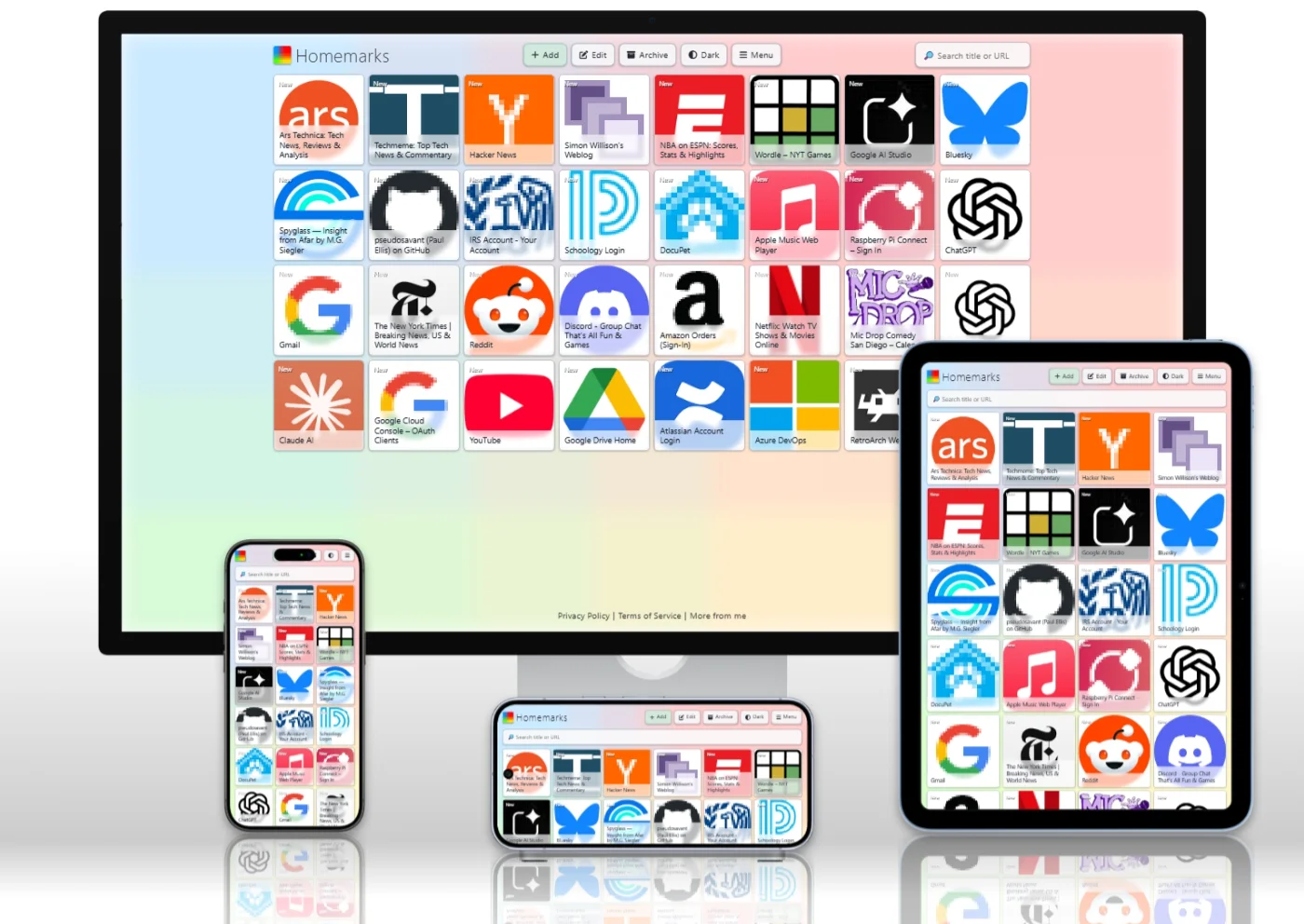 Preview of Homemarks across desktop, tablet, and phone layouts.