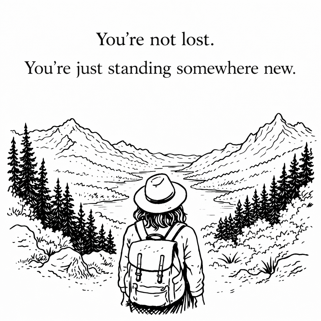 Image of a person looking over a forest wilderness. You're not lost. You're just standing somewhere new.